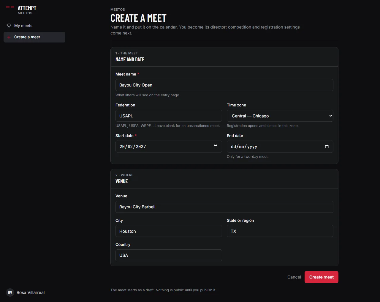 The Create a meet form in MeetOS with a name, federation, time zone, start date and venue filled in