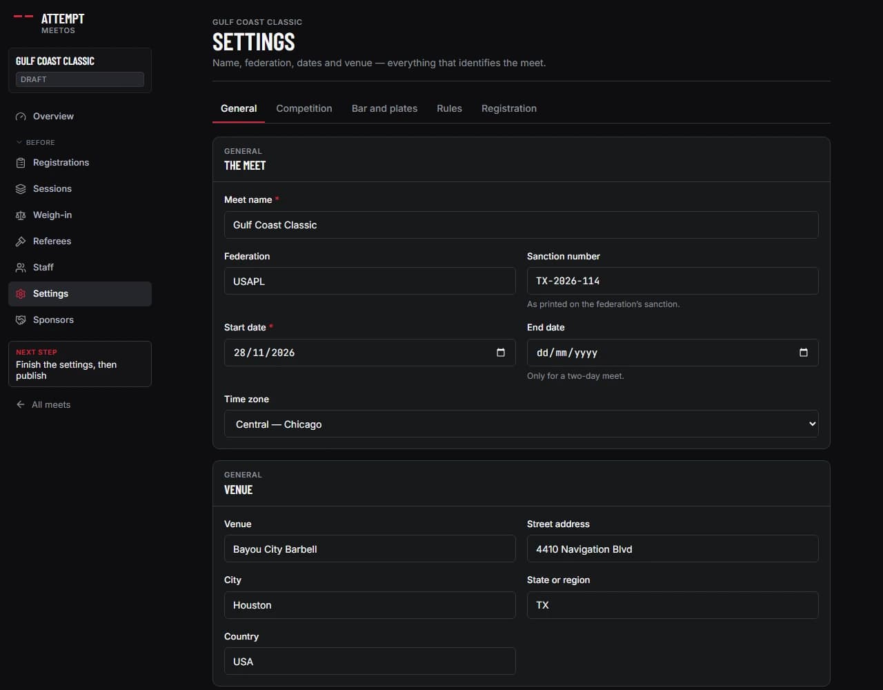 The General settings tab showing the five settings tabs and the meet name, federation, sanction number, dates, time zone and venue address