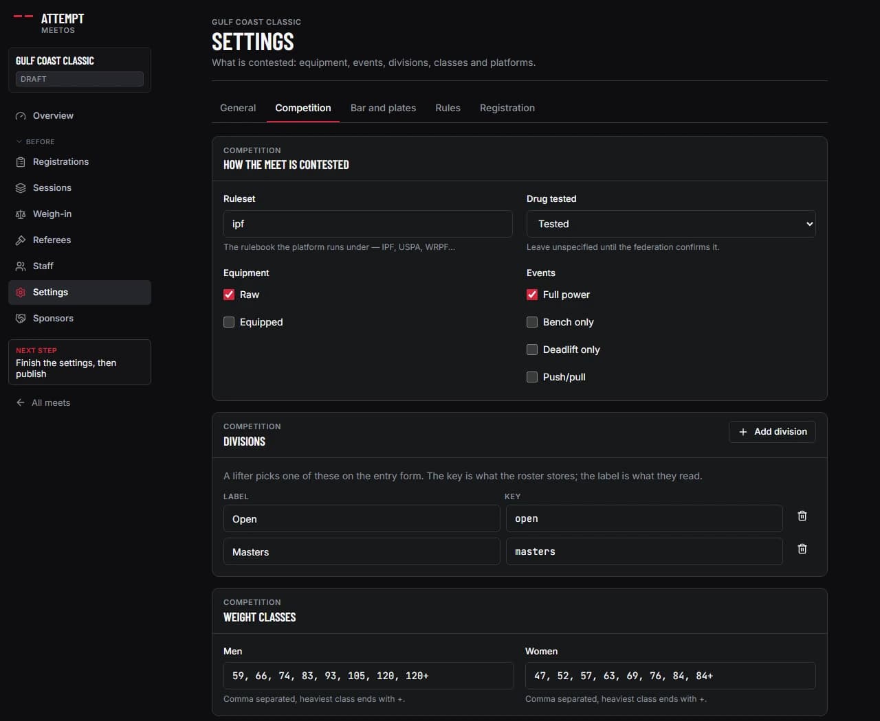 The Competition settings tab with ruleset, drug tested, equipment and event checkboxes, a divisions list and men’s and women’s weight classes