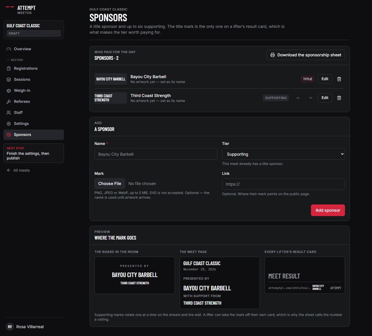 The Sponsors screen with a title sponsor and a supporting sponsor listed, the add form, and a preview of the board, the meet page and a lifter’s result card