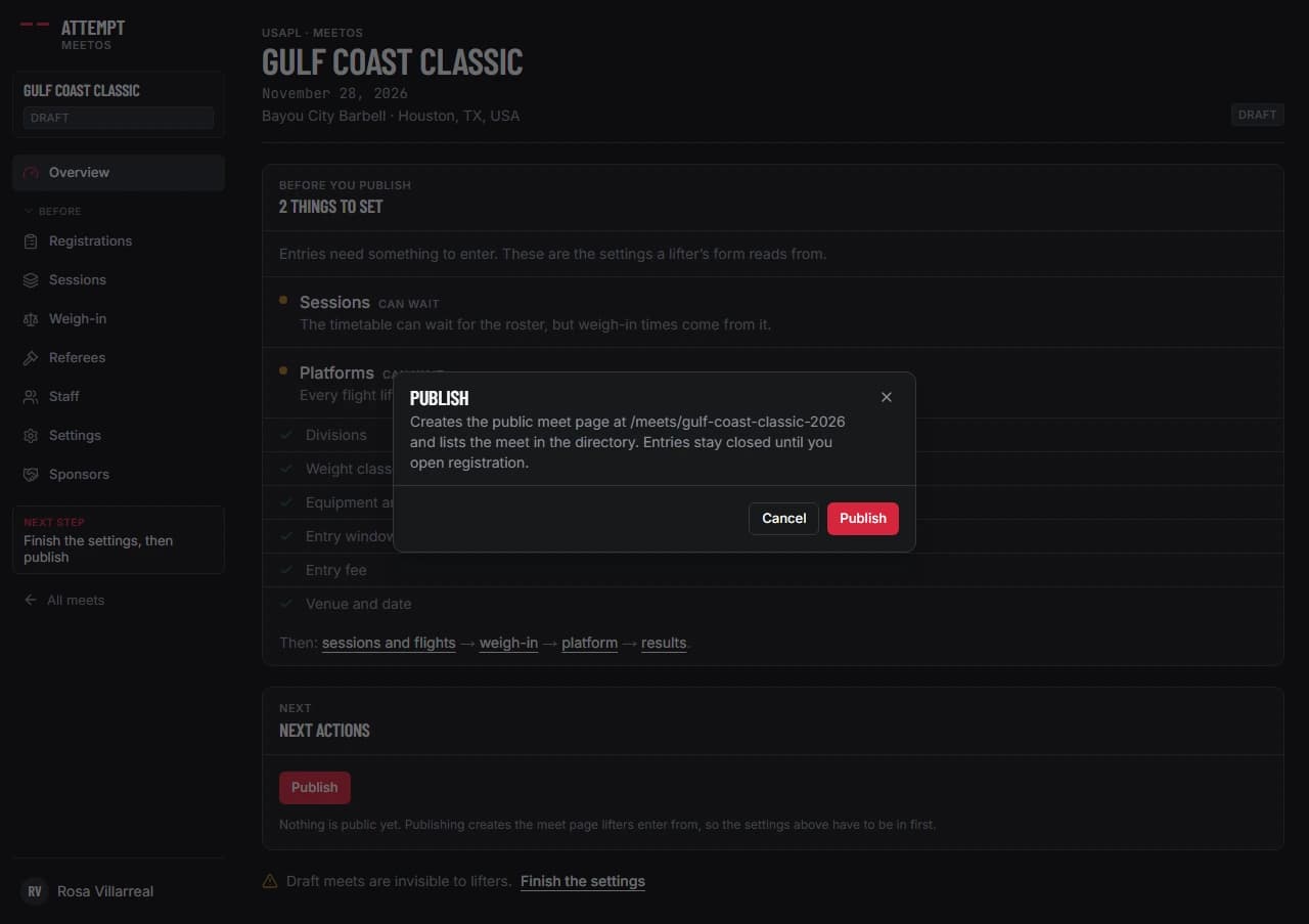 The meet overview with the Publish confirmation open, explaining that it creates the public meet page and lists the meet in the directory