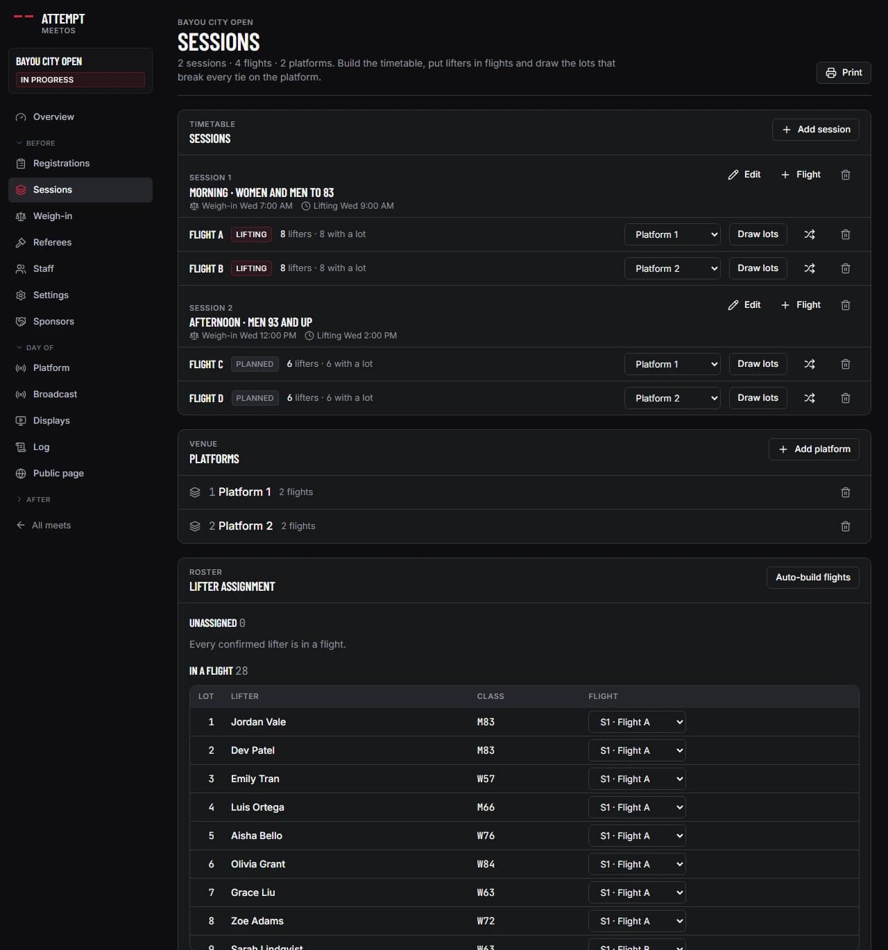 The Sessions page with two sessions, four flights on two platforms with lots drawn, a platforms list and the lifter assignment table