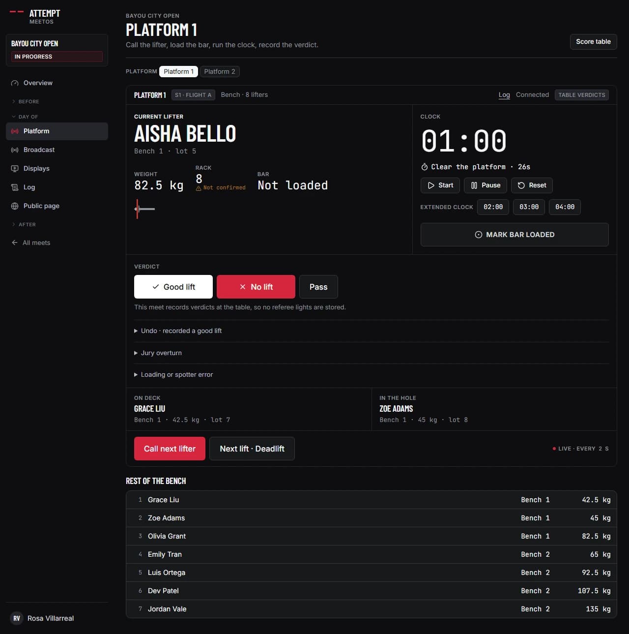 The platform console with Aisha Bello on bench 1 at 82.5 kg, the rack height marked not confirmed, the clock with its extended-clock buttons, a thirty-second clear-the-platform count, the verdict buttons and the undo, jury and loading-error controls