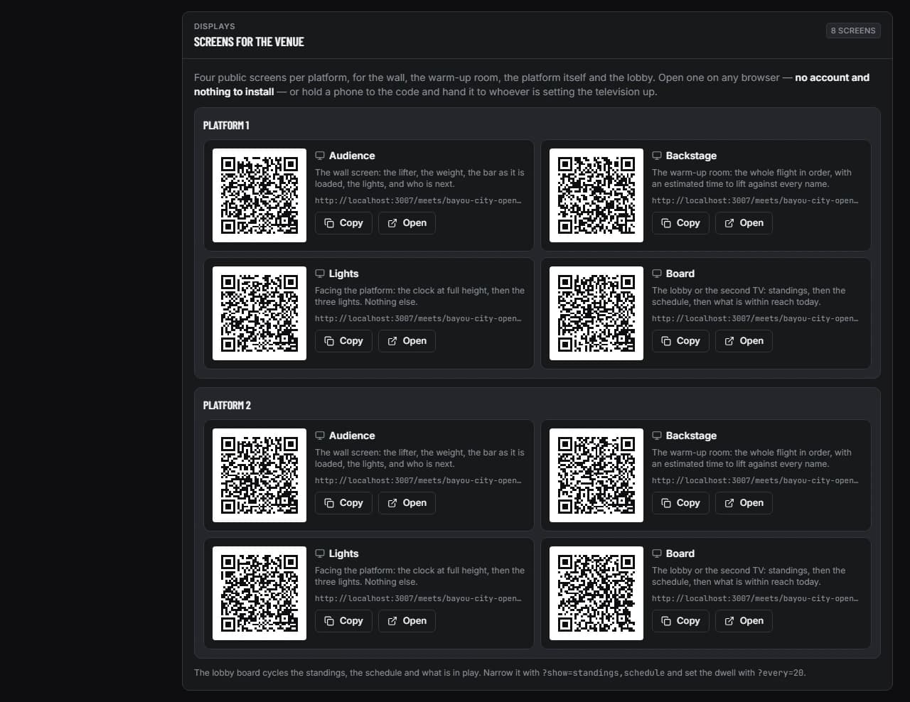 The Displays panel on the Broadcast tab listing audience, backstage, lights and board screens for two platforms, each with a QR code, its URL and Copy and Open buttons