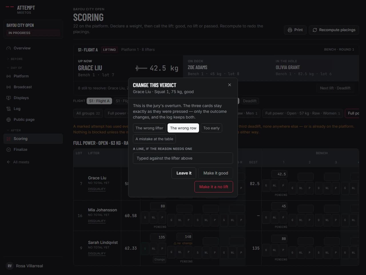 The Change this verdict dialog over the score table, naming Grace Liu’s squat 1 at 75 kg, with four reasons to choose from and buttons to make it good or make it a no lift